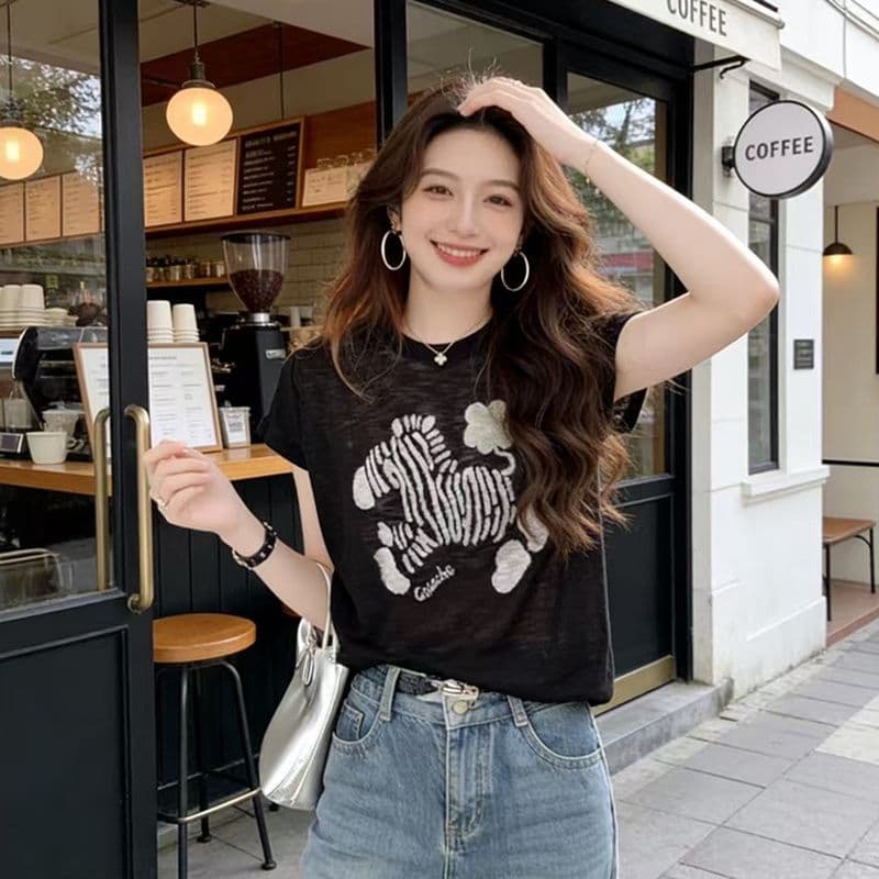 대나무 마디 면 세련된 프린트 티셔츠 2026 여름 새로운 폭발 차가운 센스 슬림해 보이는 다용도 외국 가스 맨위 이미지 5