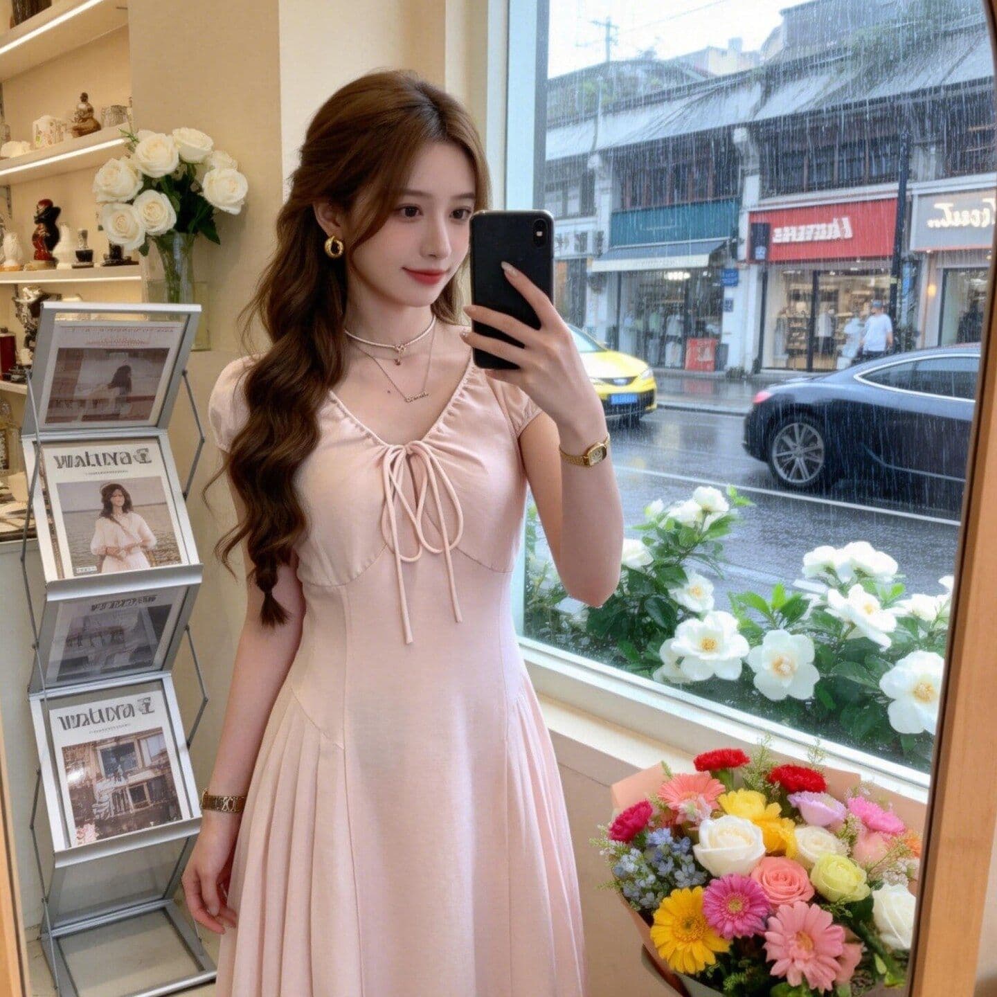 원본 면 주름 원단 네리 지퍼 하나 프랑스식 달콤한 스타일 V넥 반팔 여름 새로운 디자인 센스 롱 스커트