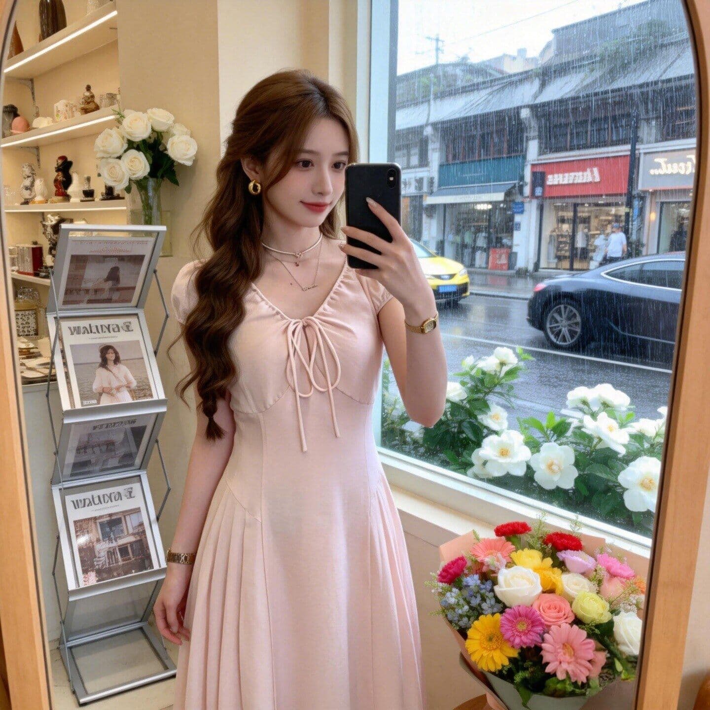 원본 면 주름 원단 네리 지퍼 하나 프랑스식 달콤한 스타일 V넥 반팔 여름 새로운 디자인 센스 롱 스커트 상세 이미지 2