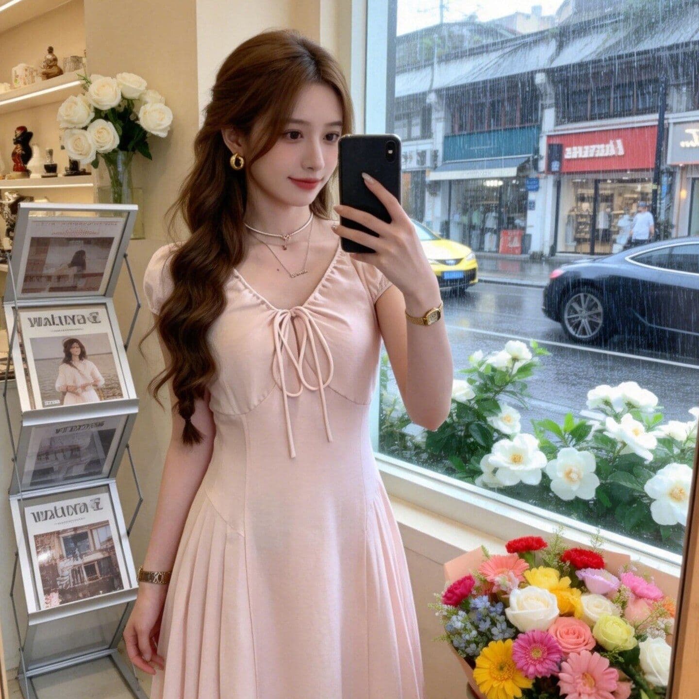 원본 면 주름 원단 네리 지퍼 하나 프랑스식 달콤한 스타일 V넥 반팔 여름 새로운 디자인 센스 롱 스커트 상세 이미지 5
