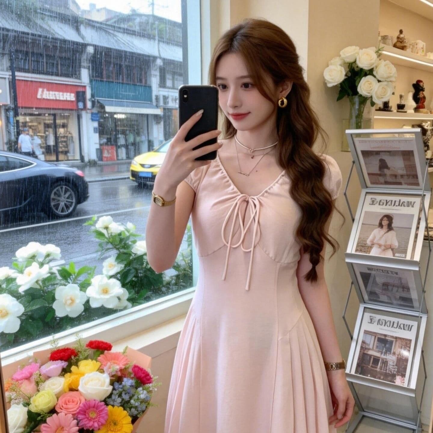 원본 면 주름 원단 네리 지퍼 하나 프랑스식 달콤한 스타일 V넥 반팔 여름 새로운 디자인 센스 롱 스커트 상세 이미지 6