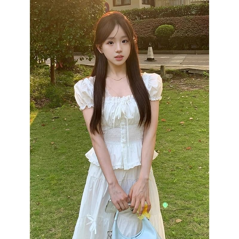 뒤로 명중 가져 가라. 펌프 로프 스트랩 한쪽 칼라 레이스 쉬폰 거품 소매 셔츠 순수한 욕망 쇼트 스타일 소매 꽃무늬 맨위