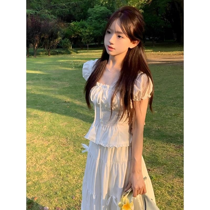 뒤로 명중 가져 가라. 펌프 로프 스트랩 한쪽 칼라 레이스 쉬폰 거품 소매 셔츠 순수한 욕망 쇼트 스타일 소매 꽃무늬 맨위 이미지 5