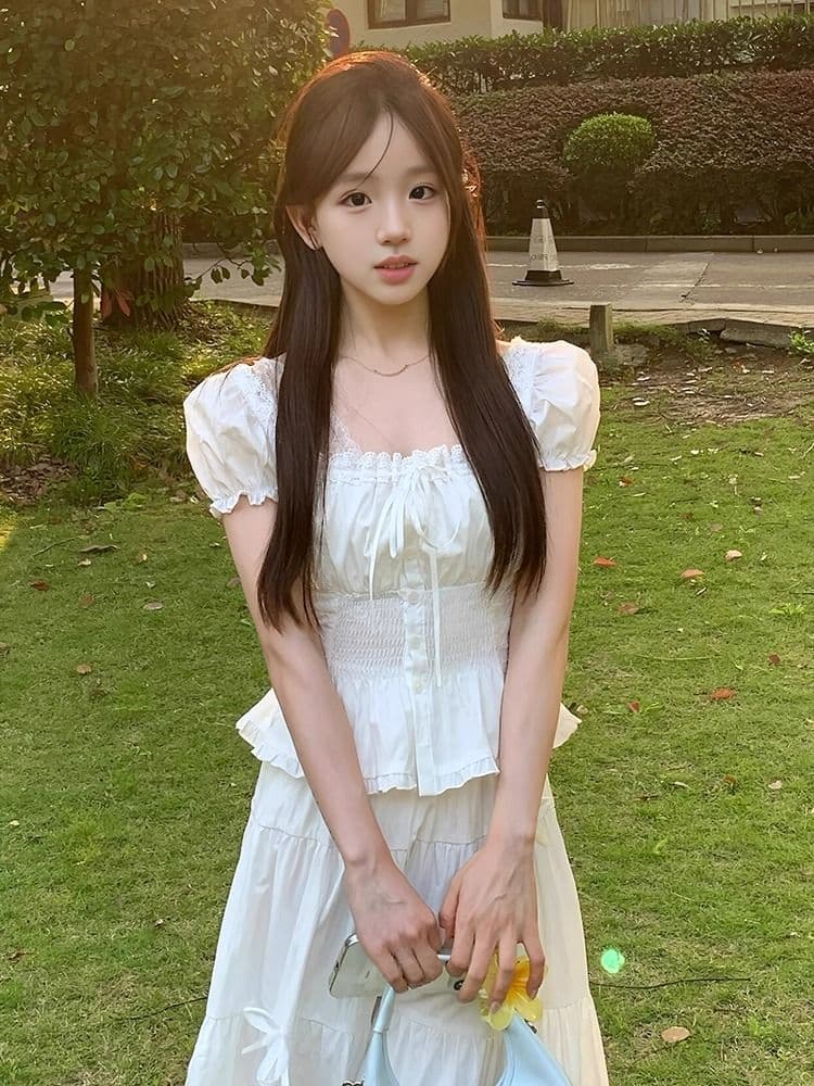 뒤로 명중 가져 가라. 펌프 로프 스트랩 한쪽 칼라 레이스 쉬폰 거품 소매 셔츠 순수한 욕망 쇼트 스타일 소매 꽃무늬 맨위 상세 이미지 2