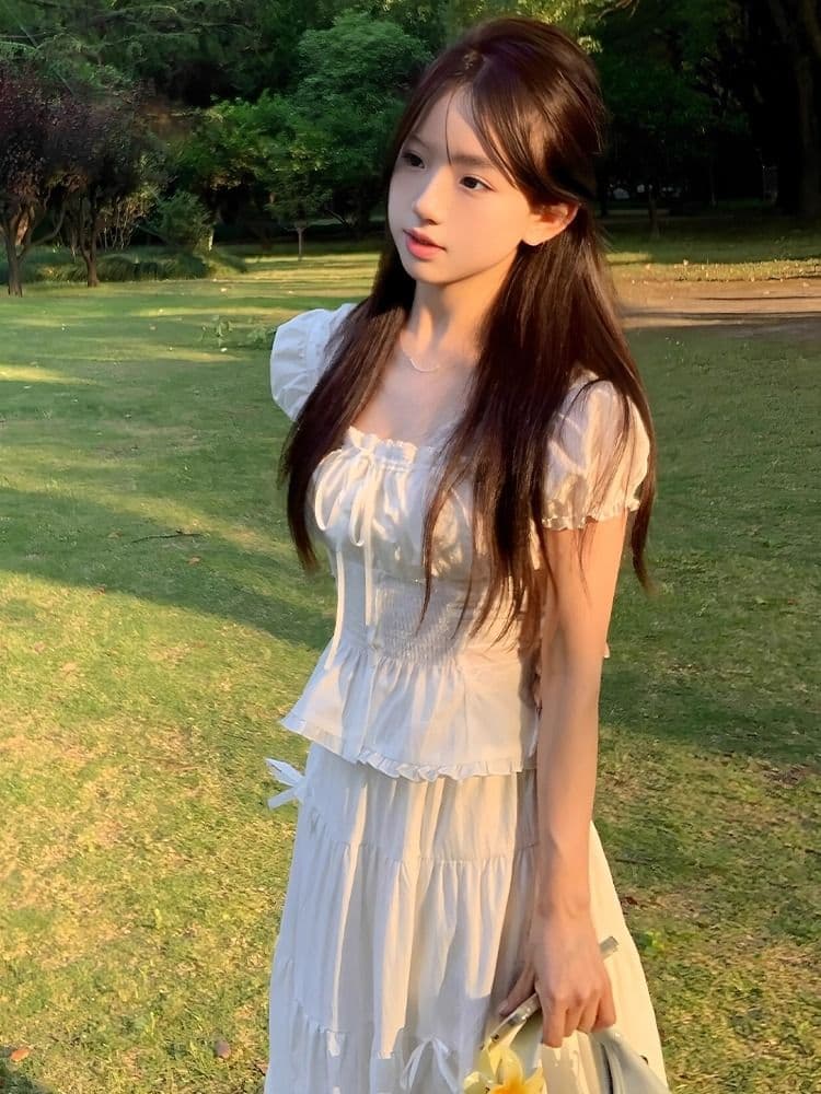 뒤로 명중 가져 가라. 펌프 로프 스트랩 한쪽 칼라 레이스 쉬폰 거품 소매 셔츠 순수한 욕망 쇼트 스타일 소매 꽃무늬 맨위 상세 이미지 3