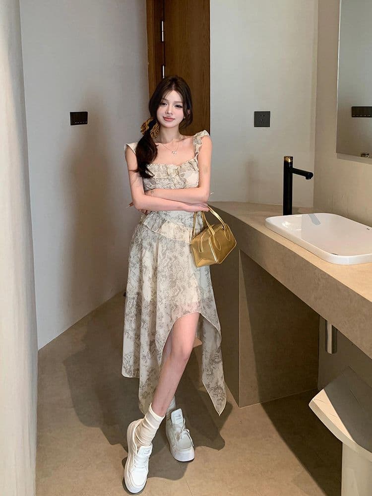 높음 비틀림 쉬폰 벨트 네리 있음 지퍼 하나 프랑스식 바람이 아닙니다. 규칙 꽃무늬 드레스 잉크 페인팅 작은 날다 소매 미니 스커트 상세 이미지 3