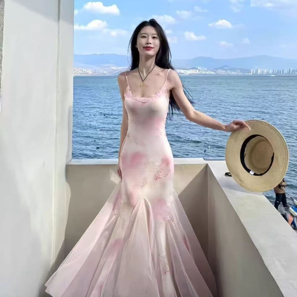 시간 아직도 느낌 렌더링 꽃무늬 여성 드레스 여름 슈퍼 요정 핑크색 거즈 스커트 섹시함 타이트 스커트 허리 수축 몸매 가꾸기 인어 꼬리 스커트 상세 이미지 3