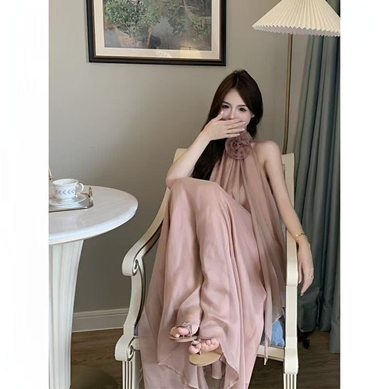 디자인 센스 루즈핏 꽃 행침 목 민소매 드레스 요정 여름 부드러운 바람 프랑스식 오프숄더 치마 롱 스커트 트렌디 상세 이미지 1