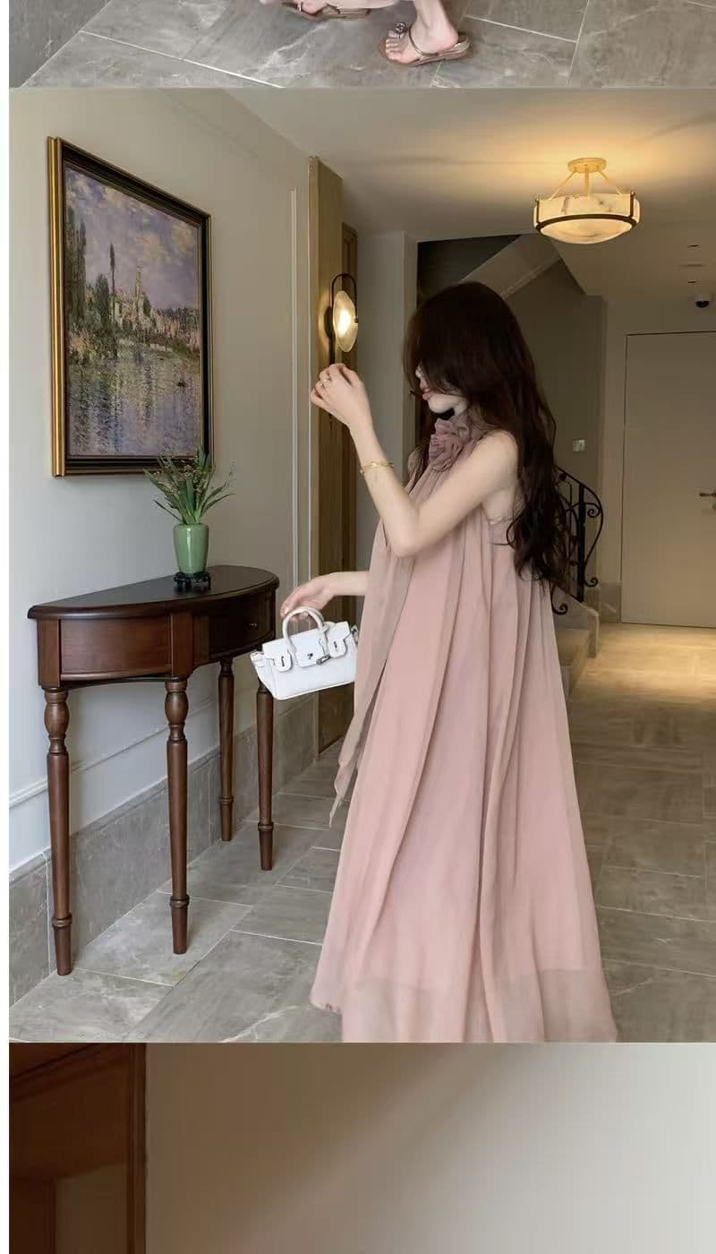 디자인 센스 루즈핏 꽃 행침 목 민소매 드레스 요정 여름 부드러운 바람 프랑스식 오프숄더 치마 롱 스커트 트렌디 상세 이미지 12
