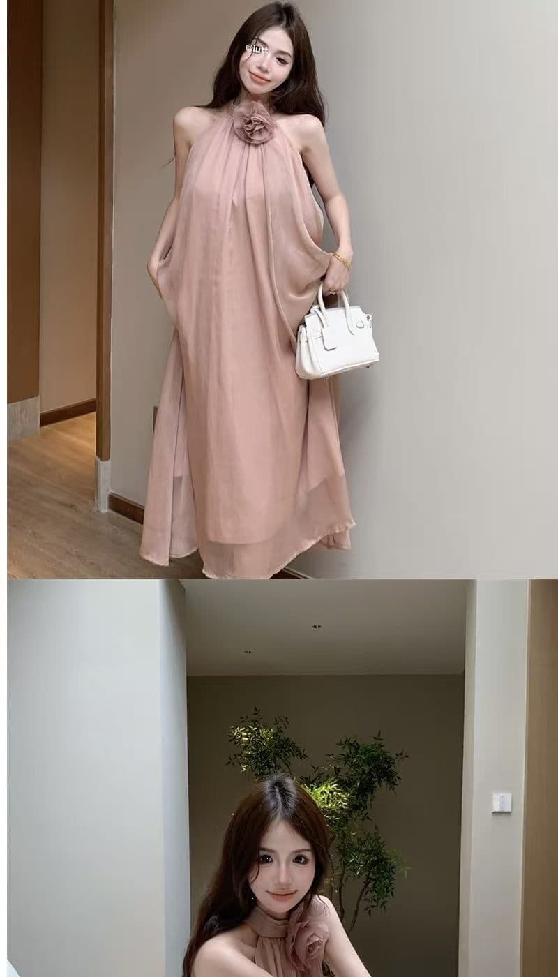 디자인 센스 루즈핏 꽃 행침 목 민소매 드레스 요정 여름 부드러운 바람 프랑스식 오프숄더 치마 롱 스커트 트렌디 상세 이미지 13
