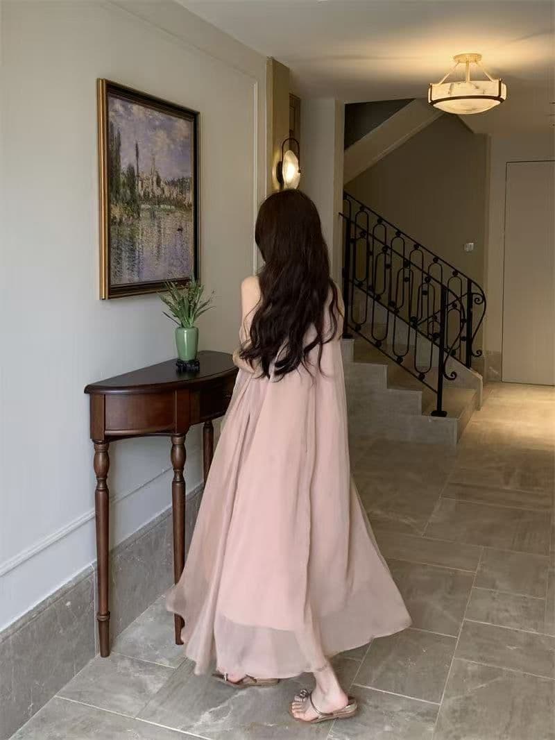 디자인 센스 루즈핏 꽃 행침 목 민소매 드레스 요정 여름 부드러운 바람 프랑스식 오프숄더 치마 롱 스커트 트렌디 상세 이미지 22