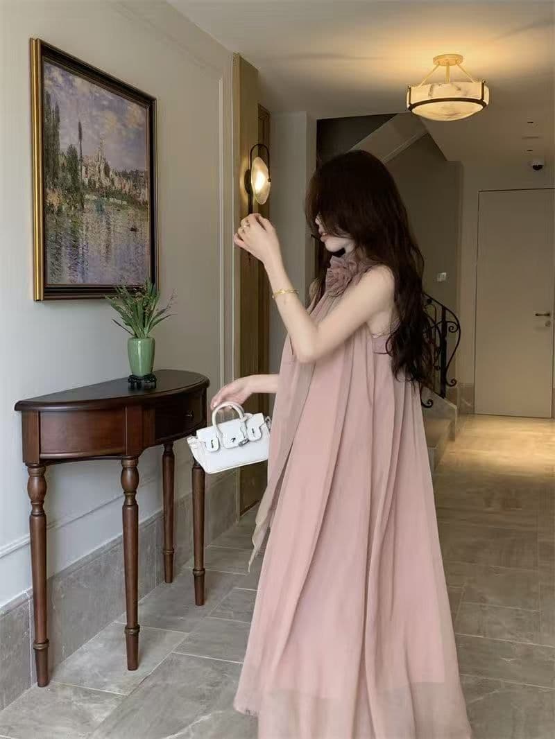 디자인 센스 루즈핏 꽃 행침 목 민소매 드레스 요정 여름 부드러운 바람 프랑스식 오프숄더 치마 롱 스커트 트렌디 상세 이미지 23