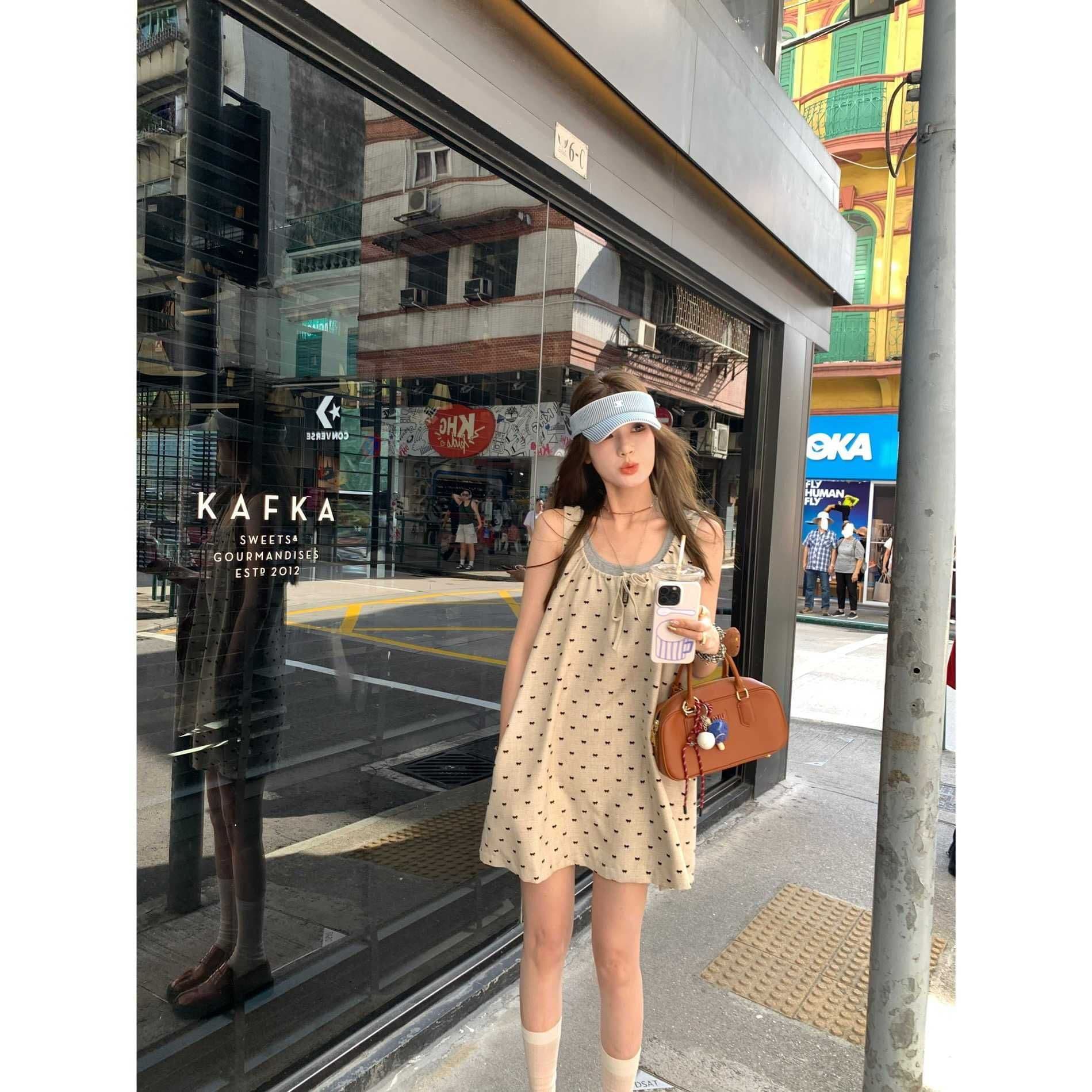 aaaaxbbb 니아 미 당겨서 회화 사회 du 홈 이중층 슬립 드레스 펌프 로프 디자인 센스 도트 무늬 조끼 스커트