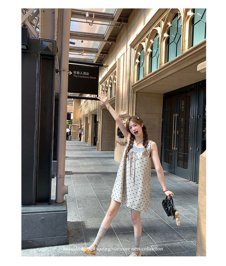 aaaaxbbb 니아 미 당겨서 회화 사회 du 홈 이중층 슬립 드레스 펌프 로프 디자인 센스 도트 무늬 조끼 스커트 상세 이미지 13