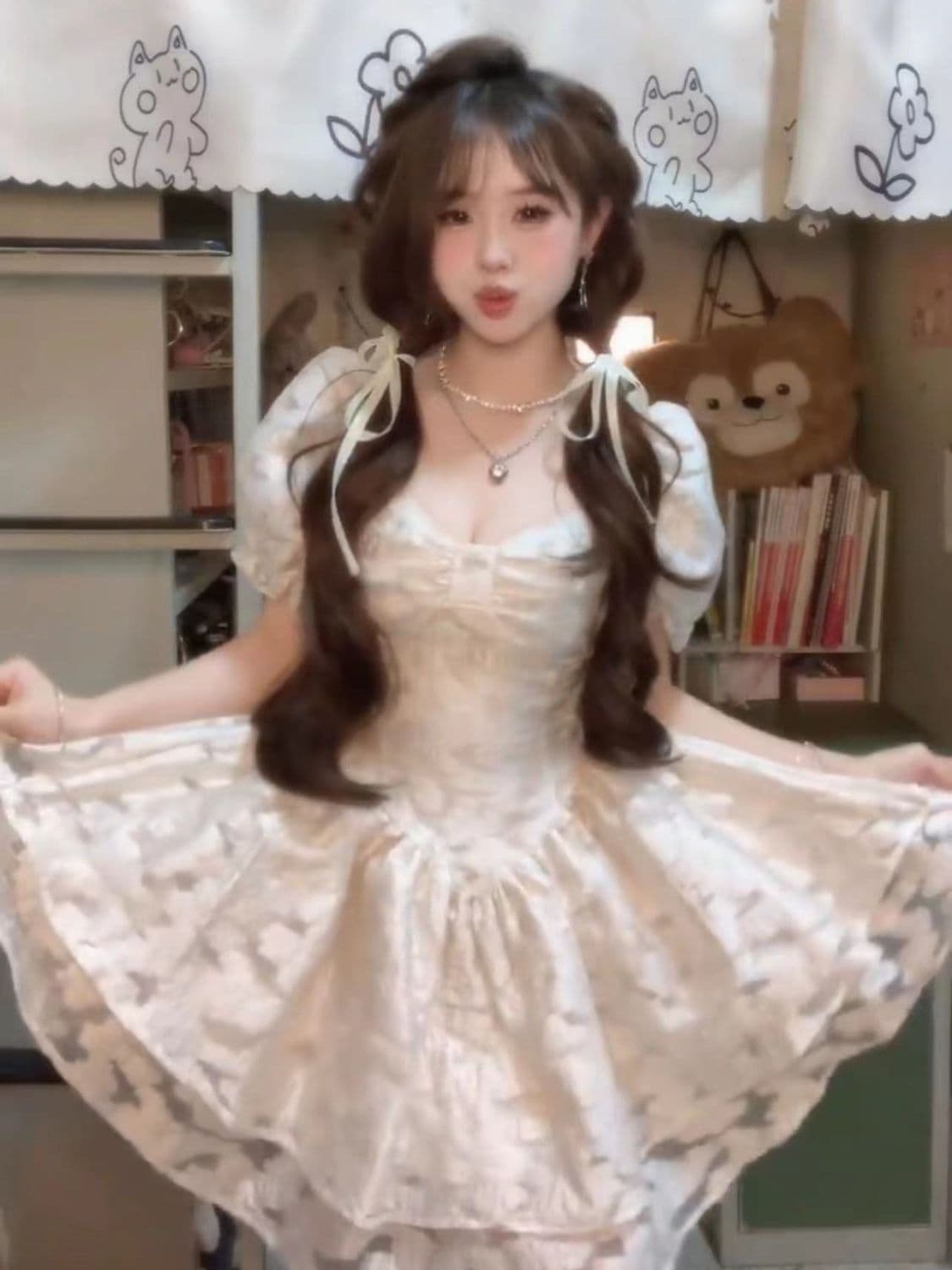 프랑스식 살구 색상 광장 칼라 생선뼈 거품 소매 여성 드레스 여름 공주 바람 퍼프 요정 치마 허리 수축 미니 스커트
