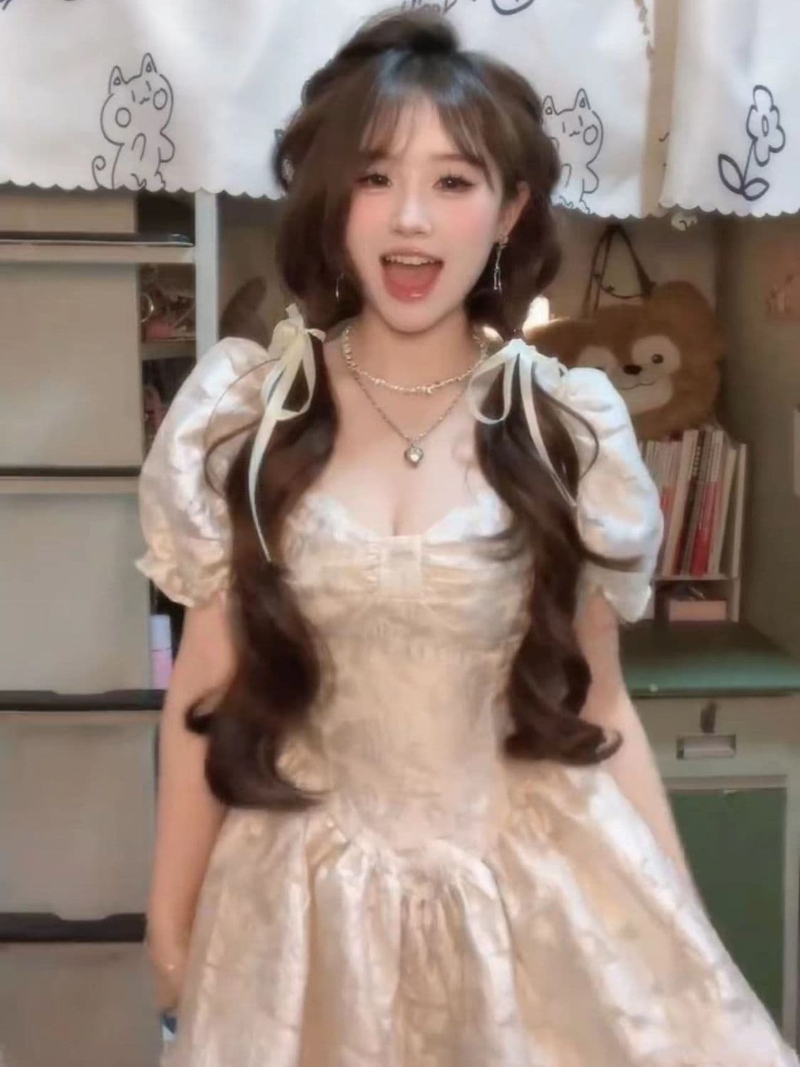 프랑스식 살구 색상 광장 칼라 생선뼈 거품 소매 여성 드레스 여름 공주 바람 퍼프 요정 치마 허리 수축 미니 스커트 이미지 3