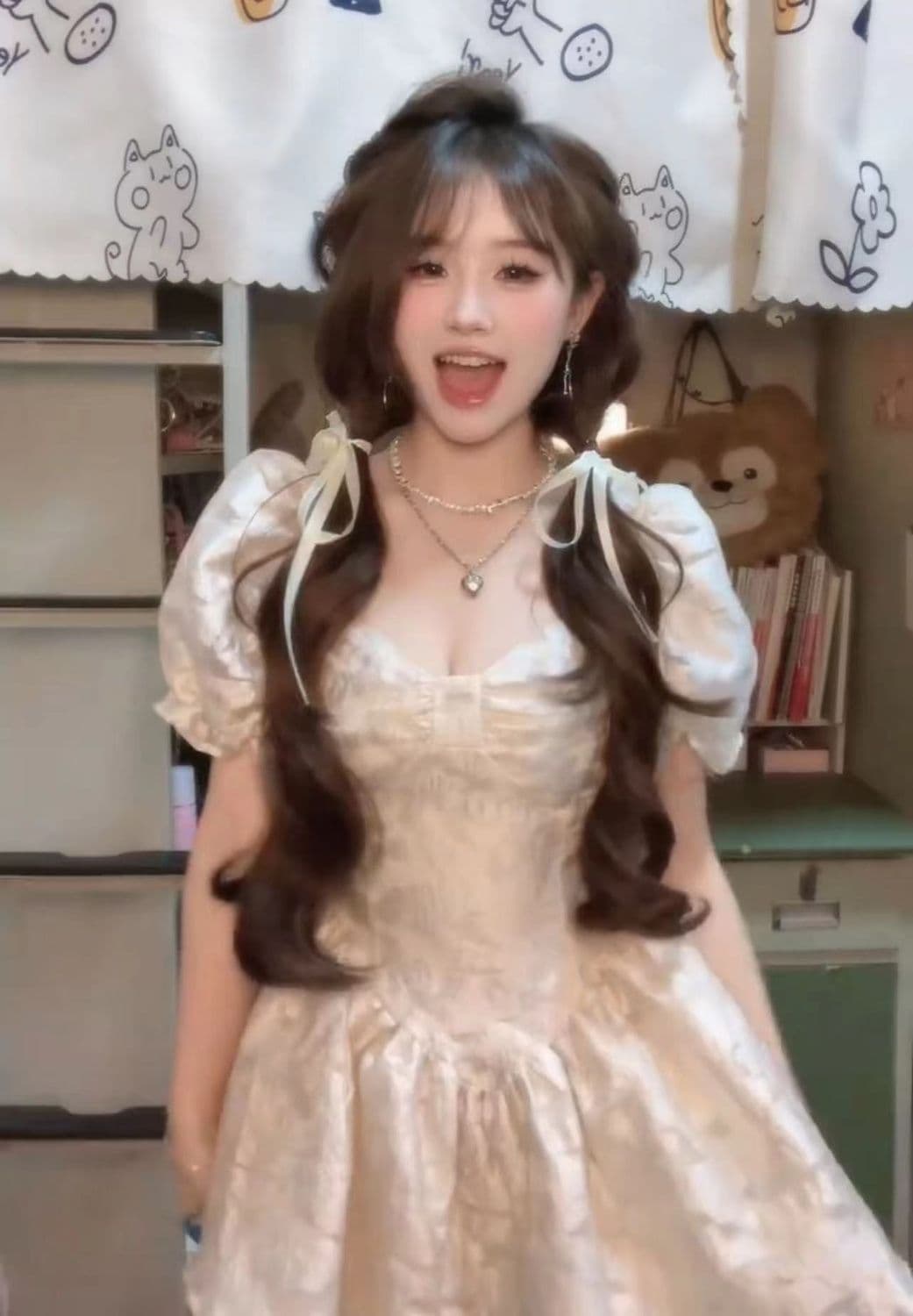 프랑스식 살구 색상 광장 칼라 생선뼈 거품 소매 여성 드레스 여름 공주 바람 퍼프 요정 치마 허리 수축 미니 스커트 상세 이미지 3