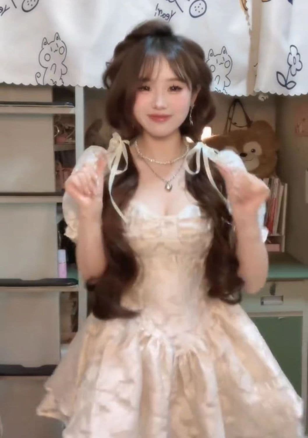 프랑스식 살구 색상 광장 칼라 생선뼈 거품 소매 여성 드레스 여름 공주 바람 퍼프 요정 치마 허리 수축 미니 스커트 상세 이미지 4