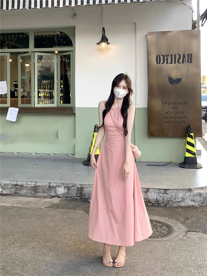 핑크색 행침 목 슬립 드레스 아이들 여름 디자인 센스 작은 대중 핫걸 감기 센스 휴가 바람 이슬 허리 롱 스커트 이미지 2