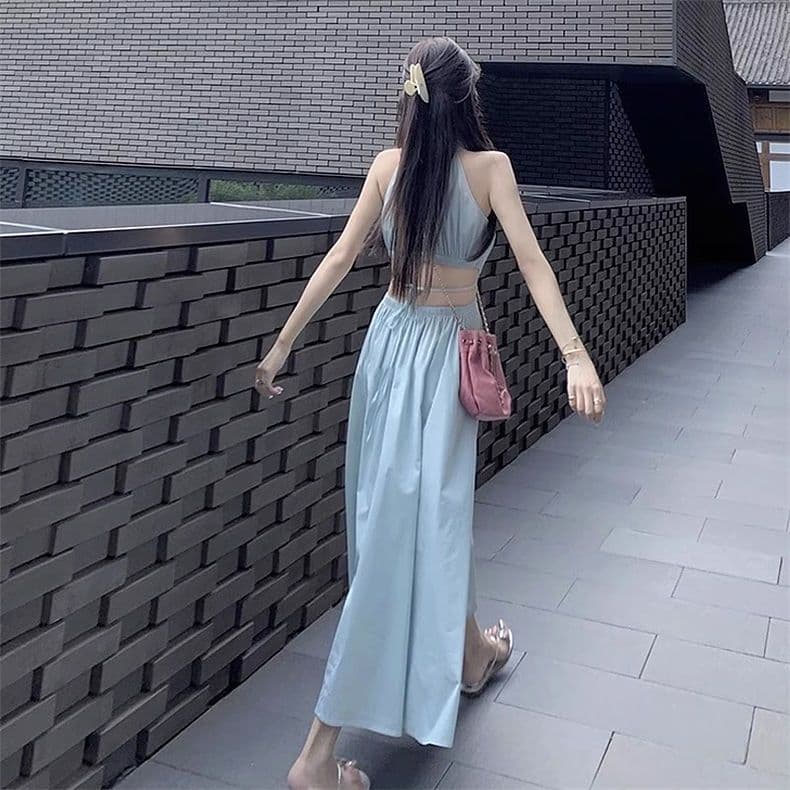 핑크색 행침 목 슬립 드레스 아이들 여름 디자인 센스 작은 대중 핫걸 감기 센스 휴가 바람 이슬 허리 롱 스커트 상세 이미지 1