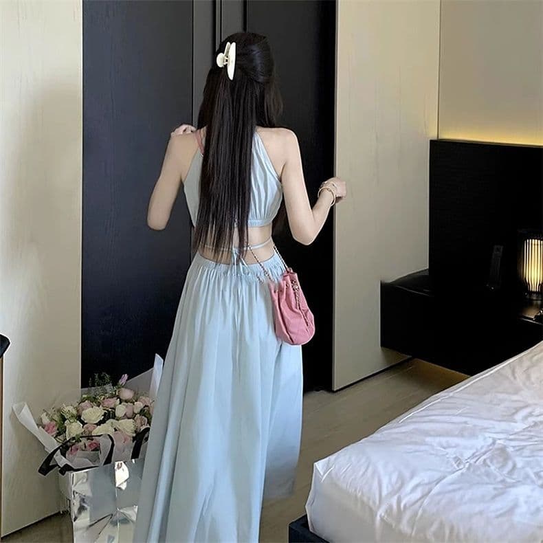 핑크색 행침 목 슬립 드레스 아이들 여름 디자인 센스 작은 대중 핫걸 감기 센스 휴가 바람 이슬 허리 롱 스커트 상세 이미지 3