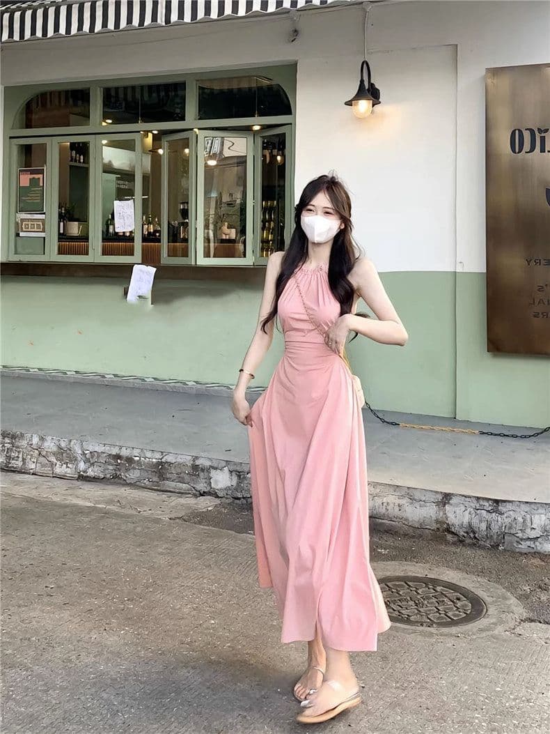 핑크색 행침 목 슬립 드레스 아이들 여름 디자인 센스 작은 대중 핫걸 감기 센스 휴가 바람 이슬 허리 롱 스커트 상세 이미지 4