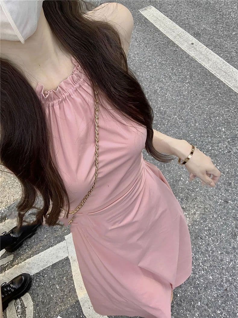 핑크색 행침 목 슬립 드레스 아이들 여름 디자인 센스 작은 대중 핫걸 감기 센스 휴가 바람 이슬 허리 롱 스커트 상세 이미지 5
