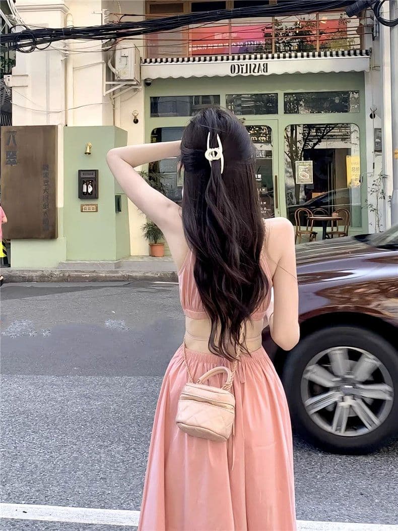 핑크색 행침 목 슬립 드레스 아이들 여름 디자인 센스 작은 대중 핫걸 감기 센스 휴가 바람 이슬 허리 롱 스커트 상세 이미지 6