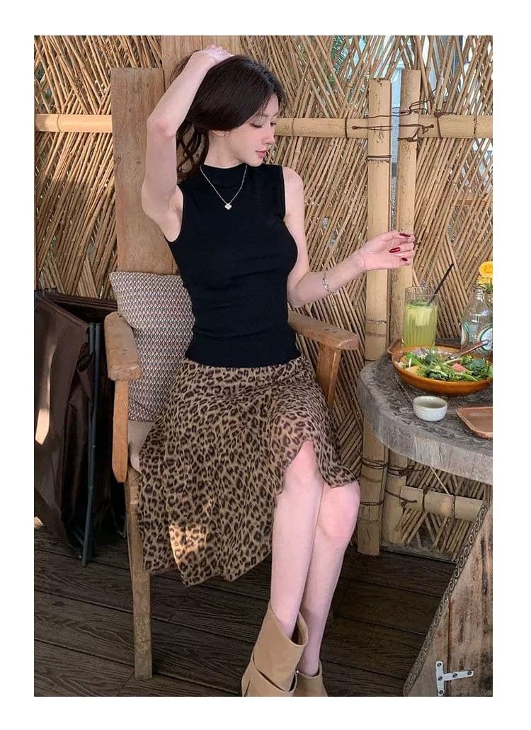 아메리칸 레트로 레오파드 무늬 망사 반신 스커트 여성 여름 새로운 품격 하이웨이스트 한 마디 디자인 도루 센스 큰 진자 우산 치마 상세 이미지 11