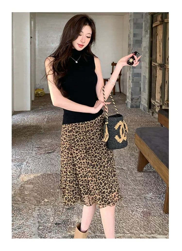 아메리칸 레트로 레오파드 무늬 망사 반신 스커트 여성 여름 새로운 품격 하이웨이스트 한 마디 디자인 도루 센스 큰 진자 우산 치마 상세 이미지 13