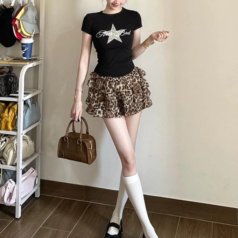 아메리칸 핫걸 쉬폰 레오파드 무늬 반신 스커트 여성 퍼프 케이크 미니 스커트 여름 얇은 새로운 하이웨이스트 한 마디 노출 방지 이미지 5