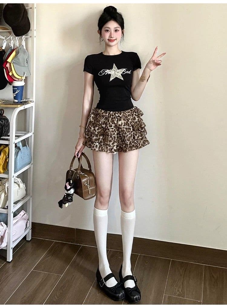 아메리칸 핫걸 쉬폰 레오파드 무늬 반신 스커트 여성 퍼프 케이크 미니 스커트 여름 얇은 새로운 하이웨이스트 한 마디 노출 방지 상세 이미지 11