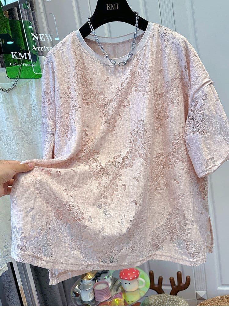 원본 원단 안감 특별 빅 사이즈 300 근 홀로우 아웃 반팔 티셔츠 여성 셔츠 루즈핏 2026 여름 드레스 상세 이미지 3