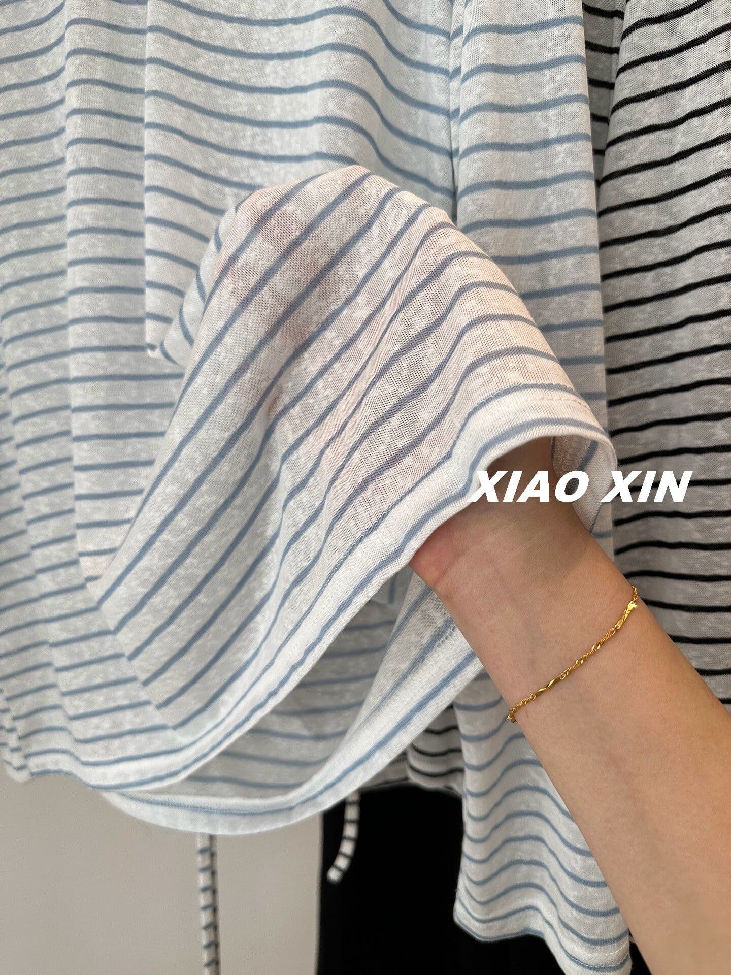 원본 원단 특별 빅 사이즈 300 근 뒤에 홀로우 아웃 스트랩 스트라이프 자외선 차단 의류 긴팔 티셔츠 여성 여름 상세 이미지 9