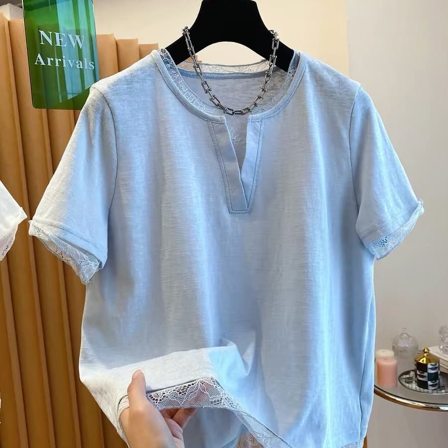 눈꽃 면 특별 빅 사이즈 300 근 레이스 조각 페이크 레이어드 티셔츠 여성용 짧은 소매 가위 칼라 맨위 이미지 5