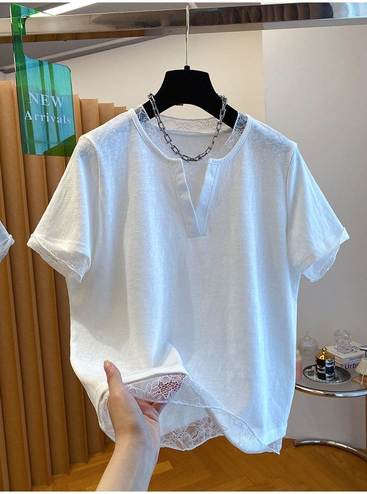 눈꽃 면 특별 빅 사이즈 300 근 레이스 조각 페이크 레이어드 티셔츠 여성용 짧은 소매 가위 칼라 맨위 상세 이미지 4