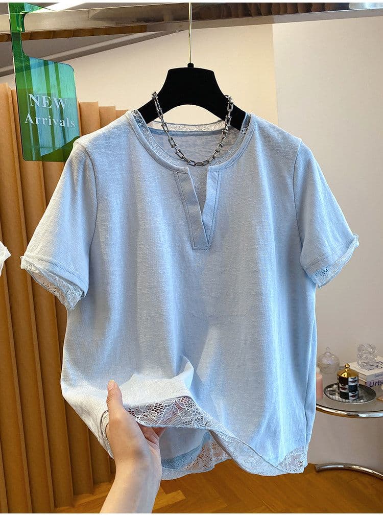 눈꽃 면 특별 빅 사이즈 300 근 레이스 조각 페이크 레이어드 티셔츠 여성용 짧은 소매 가위 칼라 맨위 상세 이미지 13