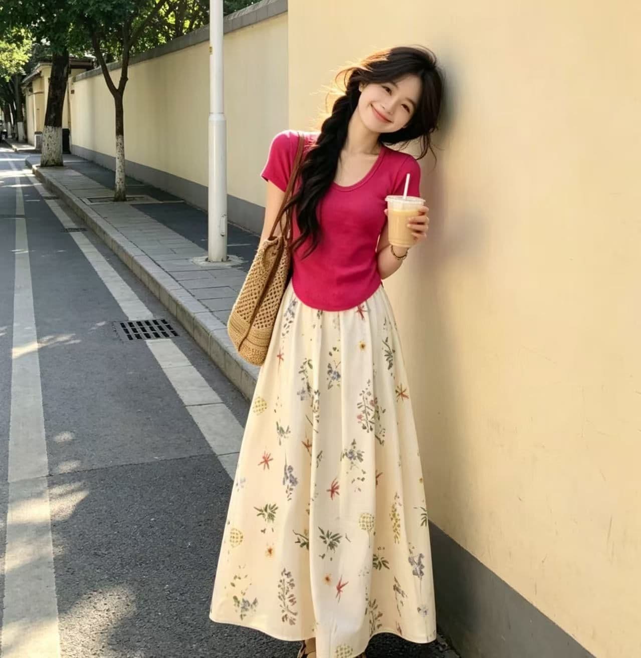 프랑스식 달콤함 치마 꽃무늬 슬림해 보이는 반신 스커트 봄 여름 품격 하이웨이스트 레트로 플리츠 프린트 밴딩 상세 이미지 1