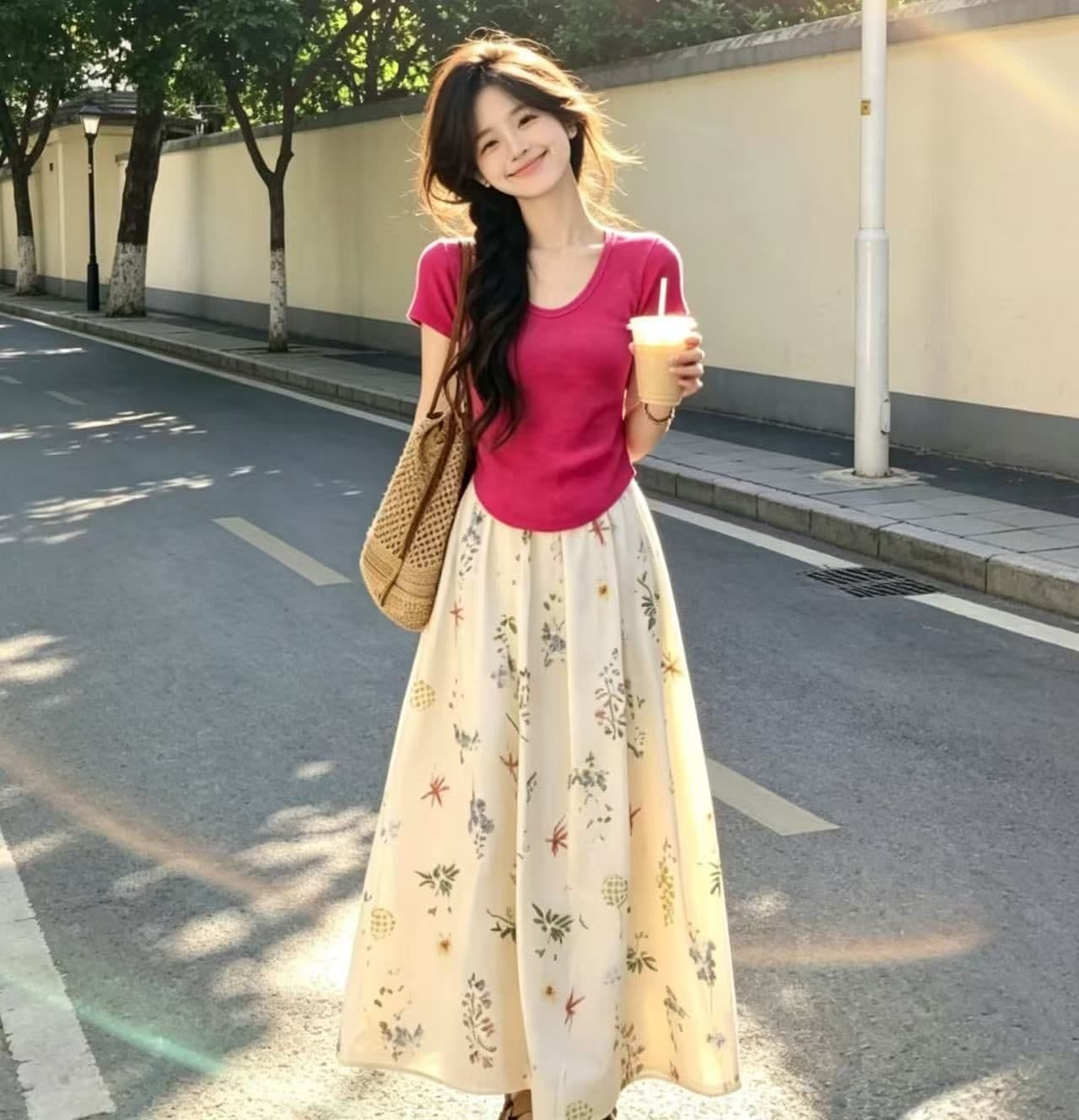 프랑스식 달콤함 치마 꽃무늬 슬림해 보이는 반신 스커트 봄 여름 품격 하이웨이스트 레트로 플리츠 프린트 밴딩 상세 이미지 2