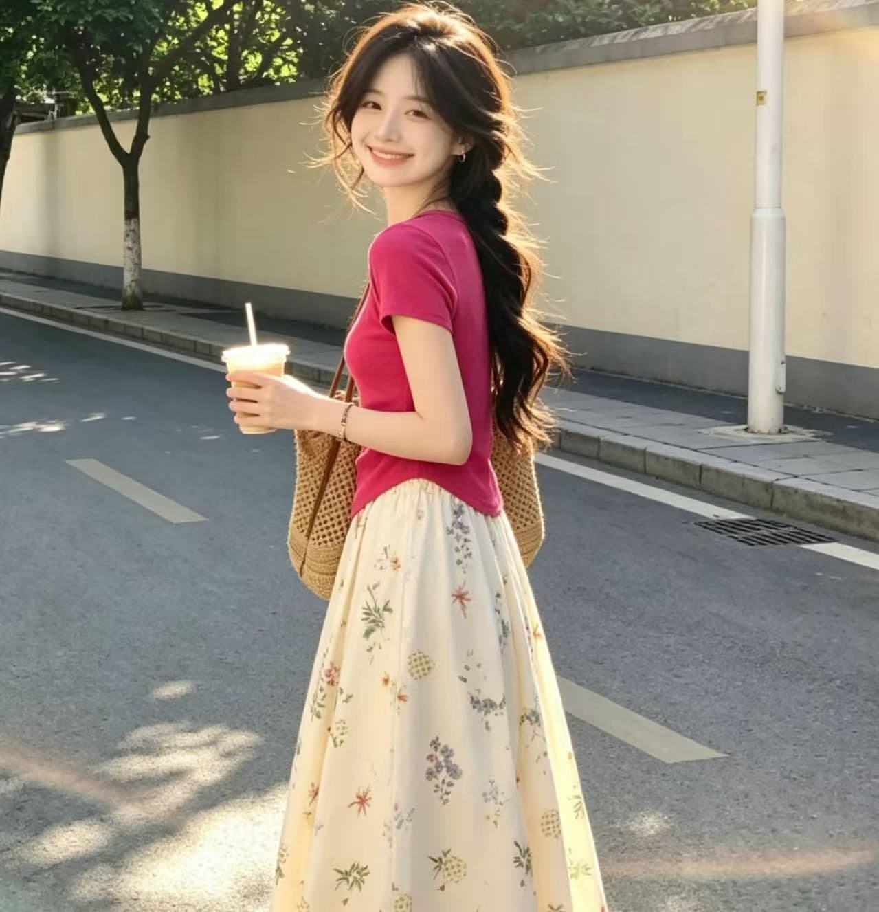 프랑스식 달콤함 치마 꽃무늬 슬림해 보이는 반신 스커트 봄 여름 품격 하이웨이스트 레트로 플리츠 프린트 밴딩 상세 이미지 4
