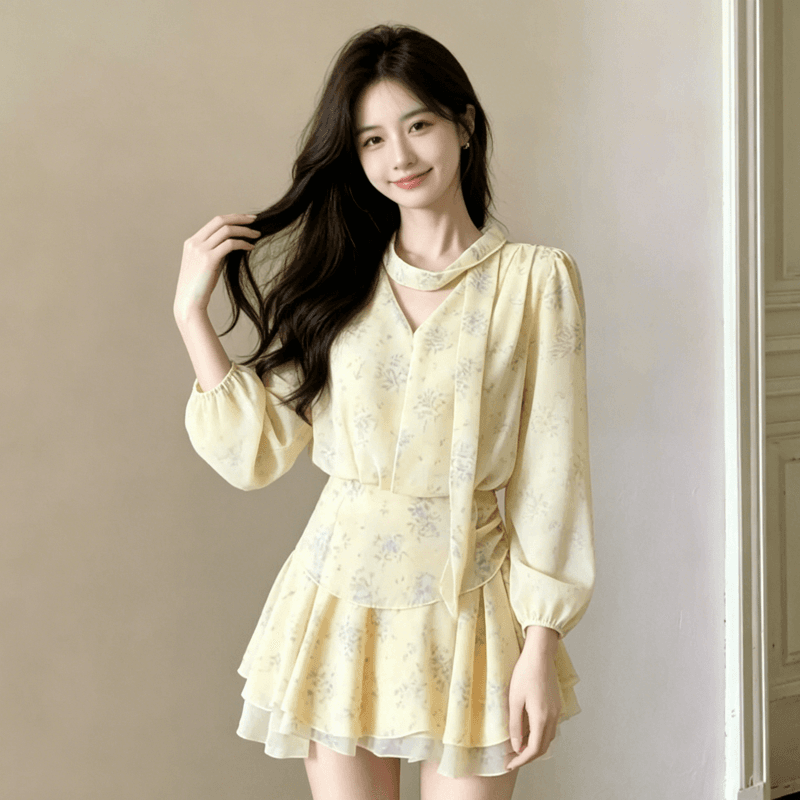 프랑스식 천 금빛 바람 황색 V넥 꽃무늬 드레스 아이들 여름 품격 특별 아름다운 리본 꼬집기 허리 미니 스커트 이미지 3