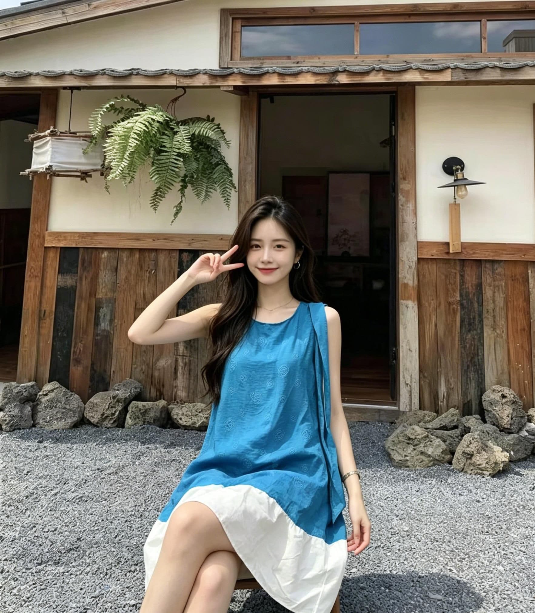 레이크 블루 자카드 민소매 여성 드레스 여름 배색 화이트 밑단 레이스업 루즈핏 슬림해 보이는 작은 키 캐주얼 연령 감소 상세 이미지 1