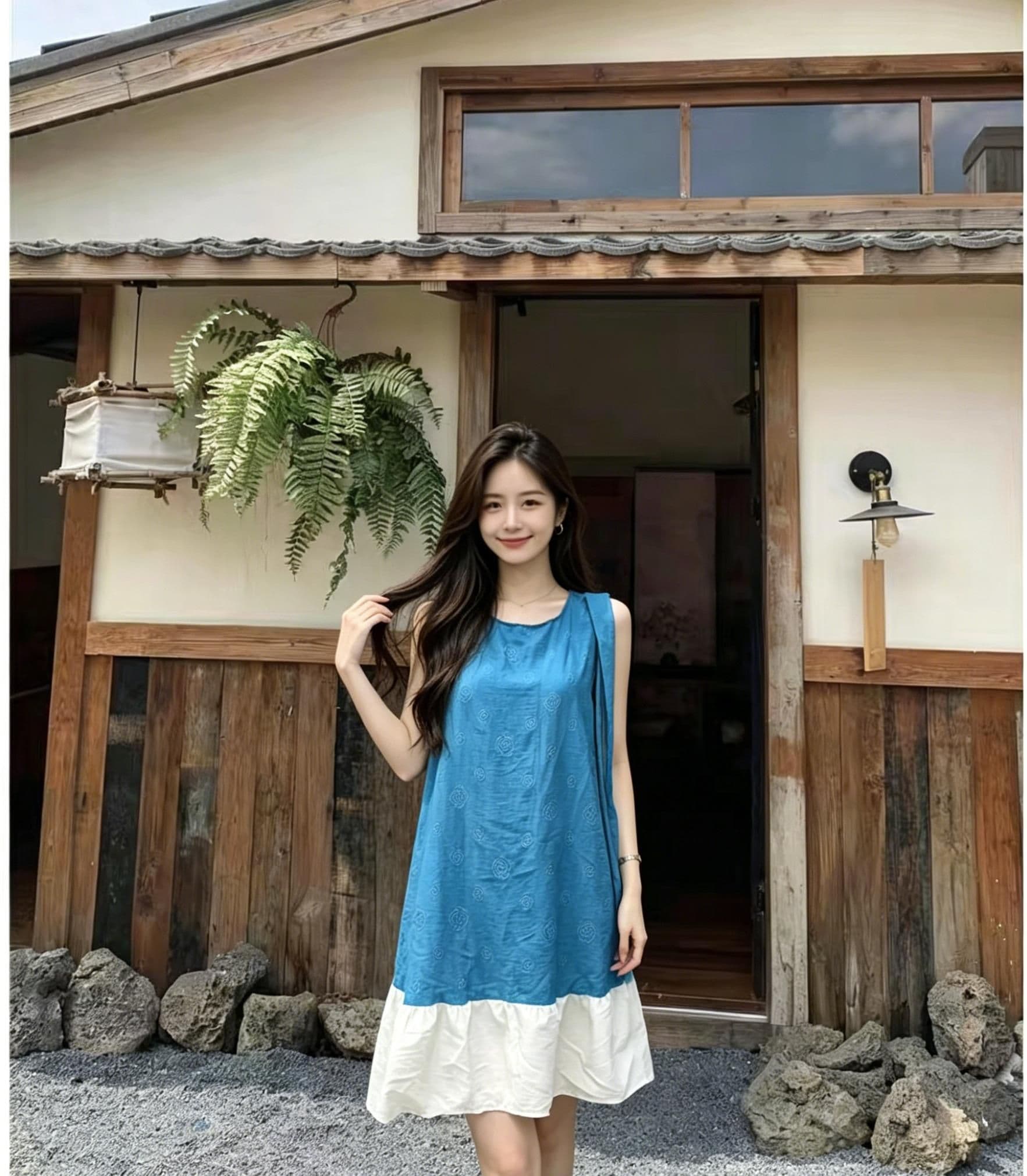 레이크 블루 자카드 민소매 여성 드레스 여름 배색 화이트 밑단 레이스업 루즈핏 슬림해 보이는 작은 키 캐주얼 연령 감소 상세 이미지 4