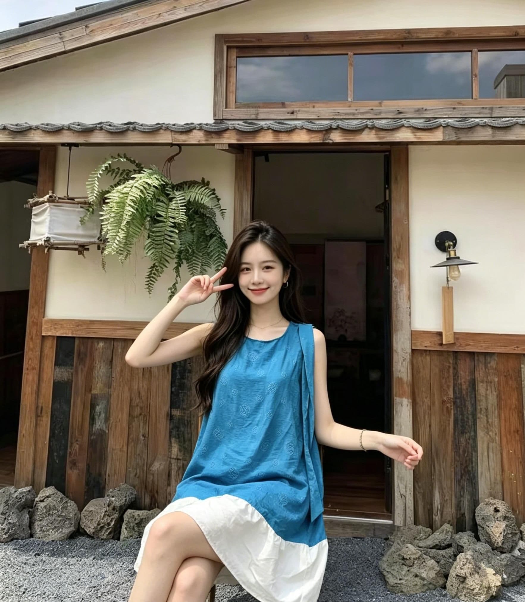 레이크 블루 자카드 민소매 여성 드레스 여름 배색 화이트 밑단 레이스업 루즈핏 슬림해 보이는 작은 키 캐주얼 연령 감소 상세 이미지 6
