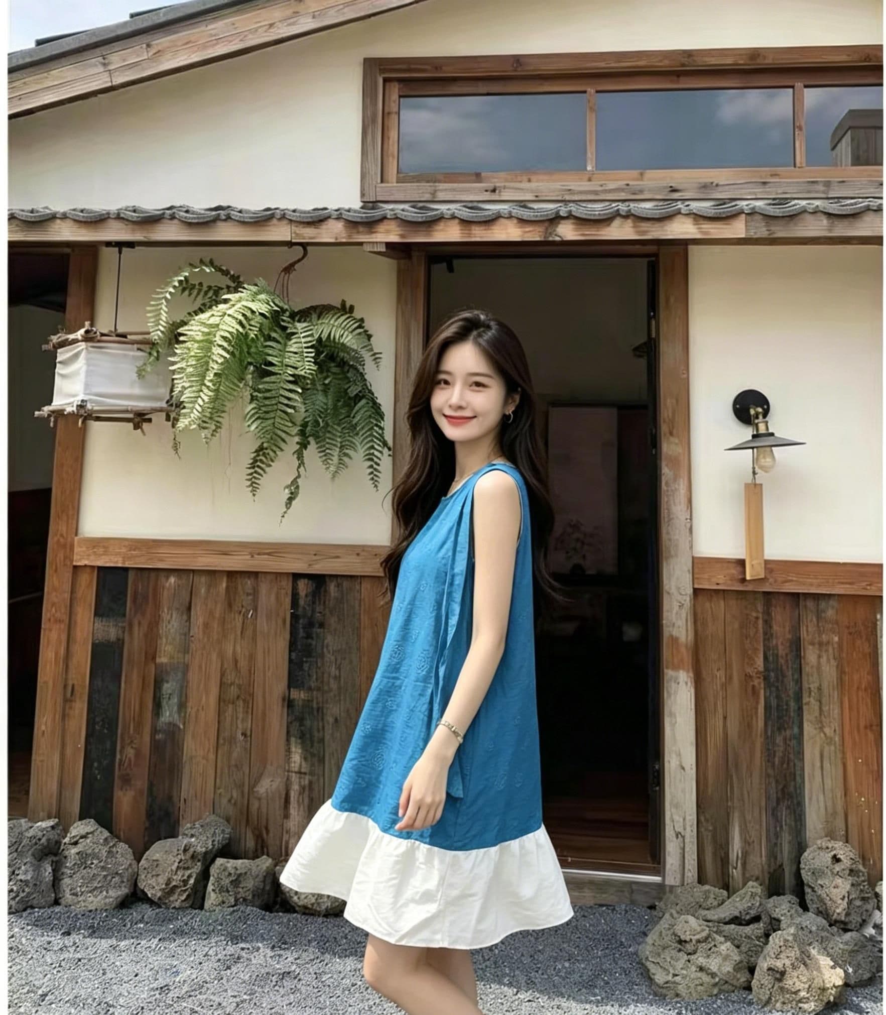 레이크 블루 자카드 민소매 여성 드레스 여름 배색 화이트 밑단 레이스업 루즈핏 슬림해 보이는 작은 키 캐주얼 연령 감소 상세 이미지 7