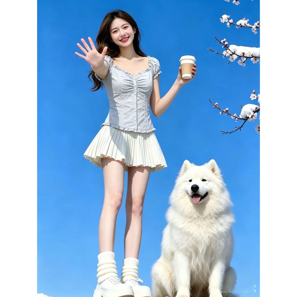 부드러운 실크 주름 원단 신축성 명중 가져 가라. 프릴 광장 칼라 반팔 거품 소매 몸매 가꾸기 허리 수축 디자인 쇼트 스타일 맨위 이미지 5