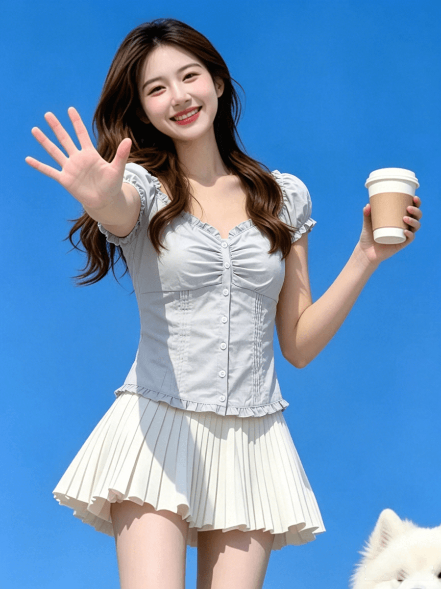 부드러운 실크 주름 원단 신축성 명중 가져 가라. 프릴 광장 칼라 반팔 거품 소매 몸매 가꾸기 허리 수축 디자인 쇼트 스타일 맨위 상세 이미지 5