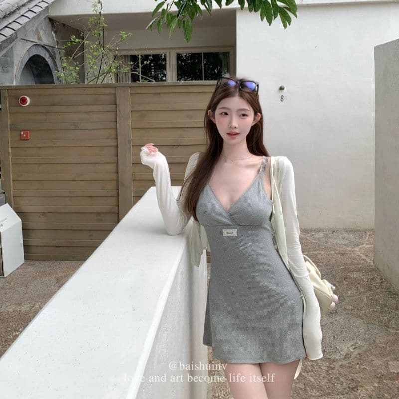 구덩이 기사 자카드 원단 가슴 패드 순수한 욕망 버터 과일 녹색 v 칼라 슬립 미니 스커트 여성 여름 구덩이 기사 몸매 가꾸기 슬림해 보이는 이미지 5