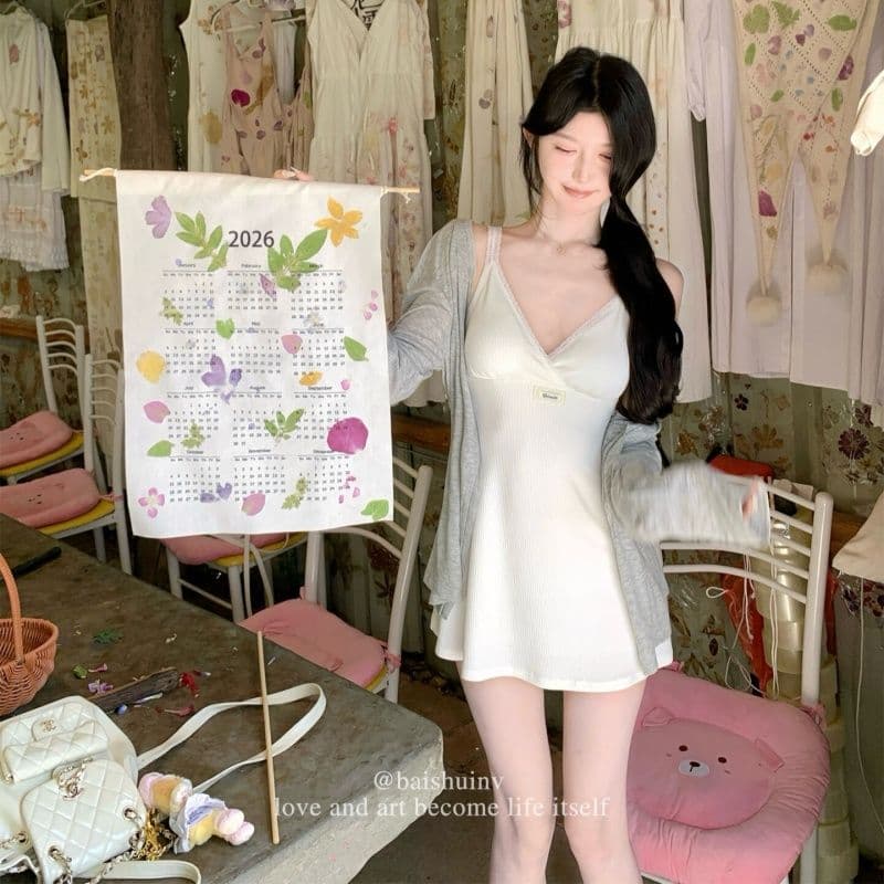 구덩이 기사 자카드 원단 가슴 패드 순수한 욕망 버터 과일 녹색 v 칼라 슬립 미니 스커트 여성 여름 구덩이 기사 몸매 가꾸기 슬림해 보이는 이미지 2