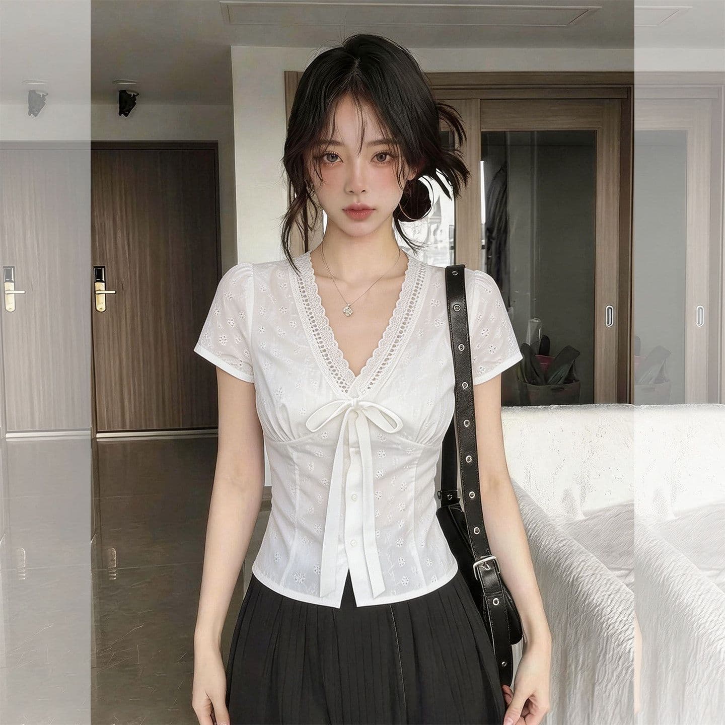 순면 자카드 원단 네리 여름 우유 화이트 홀로우 아웃 자수 반팔 슬림해 보이는 달콤한 자매 쇼트 스타일 작은 열림 셔츠 셔츠 이미지 3